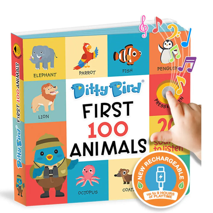 Ditty Bird Musical Book - Fun &amp; Interactive Nursery Rhyme Book for Toddlers, Baby Sound &amp; Music Book, 12M+, USB-C Rechargable - First 100 Animals