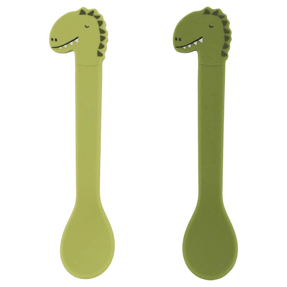 Trixie Silicone Baby Spoon Set | 100% Food-Grade Silicone First Feeding Spoons with Stainless Steel Core for Self-Feeding &amp; Weaning | 2-Pack | 4 Months Onwards | Mr. Dino