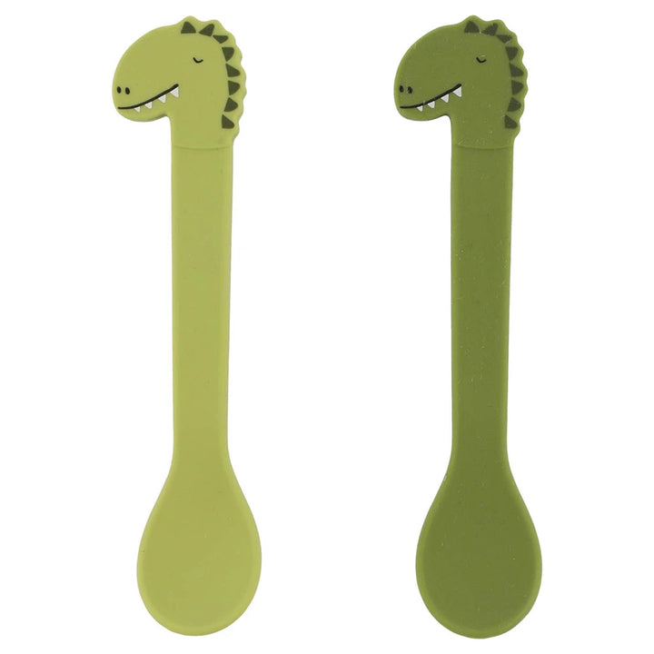 Trixie Silicone Baby Spoon Set | 100% Food-Grade Silicone First Feeding Spoons with Stainless Steel Core for Self-Feeding &amp; Weaning | 2-Pack | 4 Months Onwards | Mr. Dino