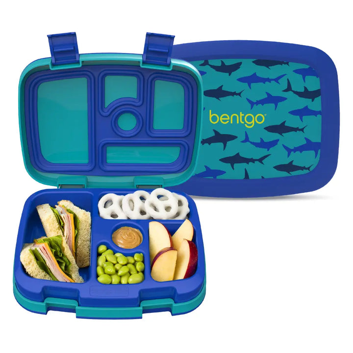 Bentgo Kids Prints with 5 Compartments, Leak-Proof Bento Lunch Box, BPA &amp; PFAS-Free, Microwave &amp; Dishwasher Safe Tray,  3–7 Years - Sharks
