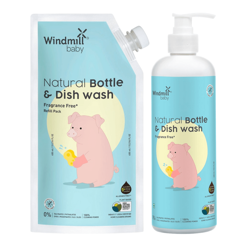 Windmill Baby Natural Bottle &amp; Dish Wash Bottle &amp; Refill Pack Combo - 2 x 450ml