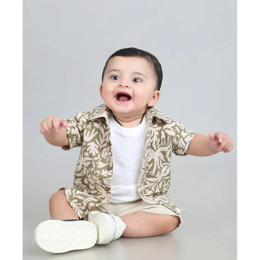Sweetlime By AS Baby Boys Tropical Bloom Cotton Co-ord Set - Olive & Beige