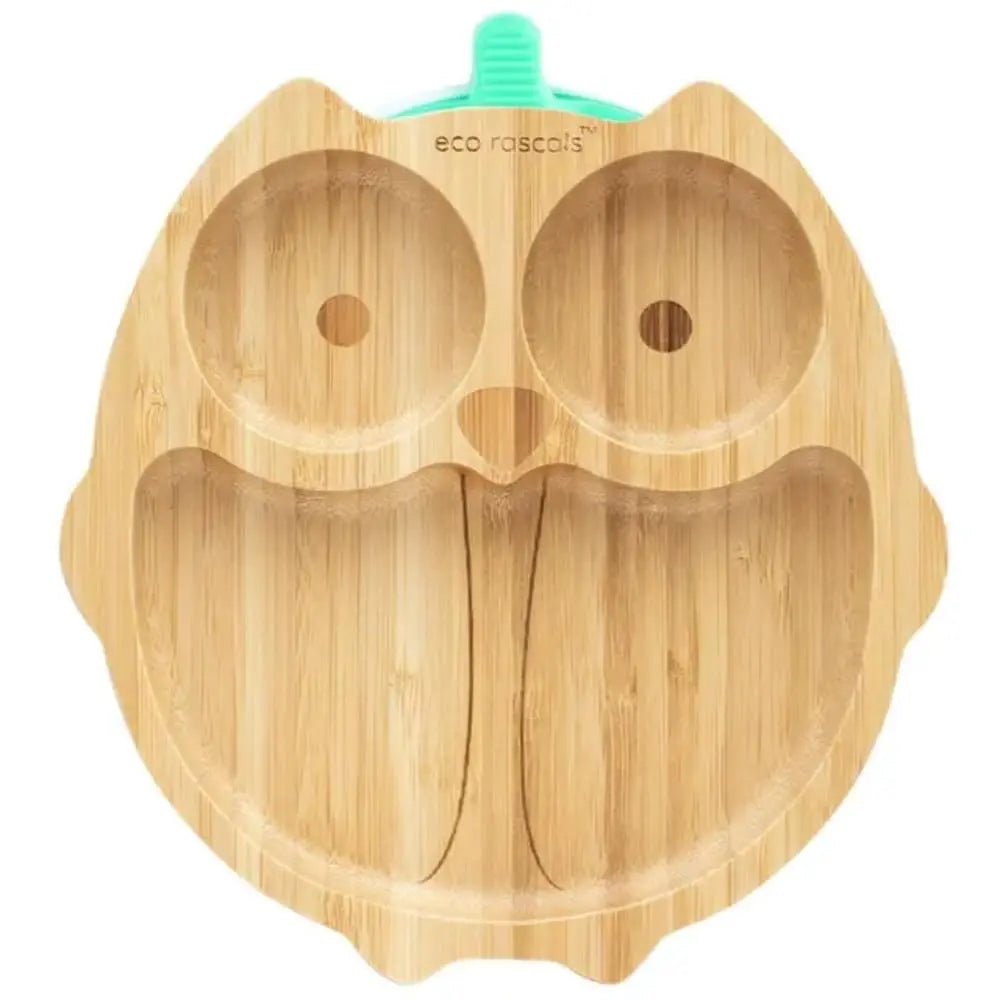 Eco Rascals Bamboo Owl Shaped Plate - Baby Led Weaning, 3 Section Plate - Non Toxic, Natural Bamboo with Strong Suction, FDA Approved, 100% Silicone Suction Bases, BPA-PVC Free - Green