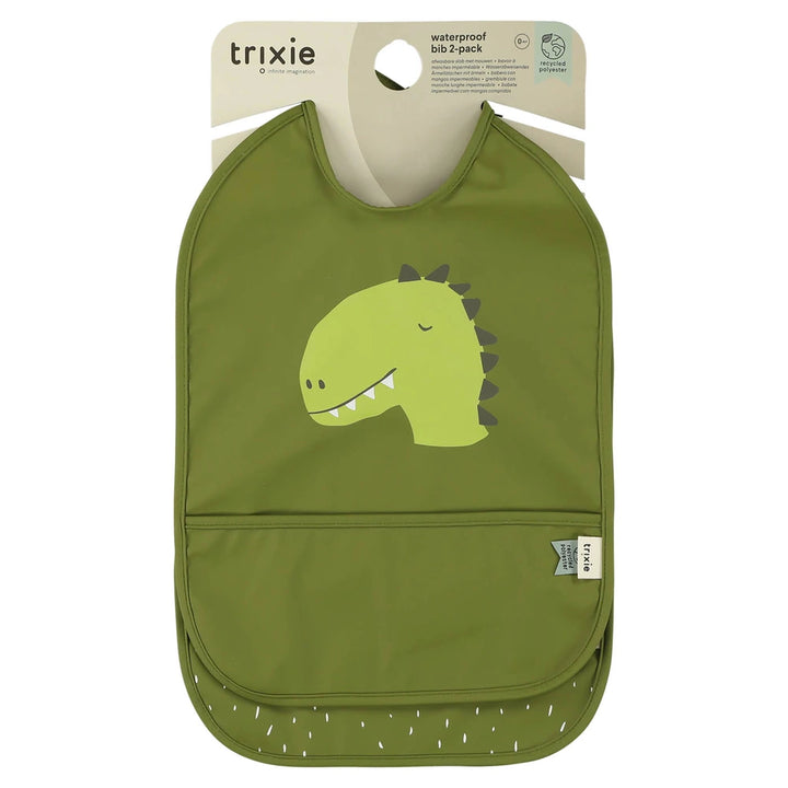 Trixie Waterproof Baby Bib Set | 2-Pack Feeding Bibs with Food Catcher Pocket, Adjustable Closure &amp; Easy-Clean Design | 3 Months Onwards | Mr. Dino
