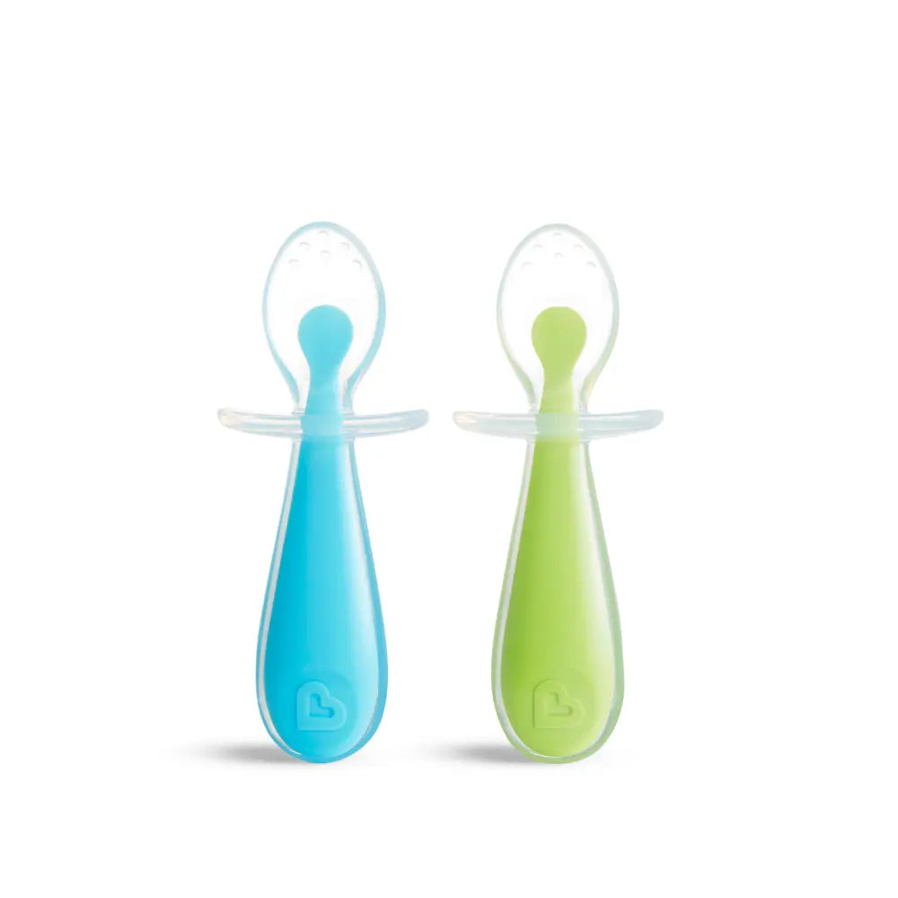 Munchkin Gentle Silicone Training Spoon Set – Anti-Choking Self-Feeding Spoons with Spoon Rest, BPA-Free, 6+ Months - Green &amp; Blue
