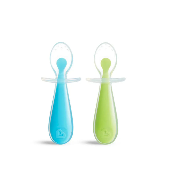 Munchkin Gentle Silicone Training Spoon Set – Anti-Choking Self-Feeding Spoons with Spoon Rest, BPA-Free, 6+ Months - Green &amp; Blue