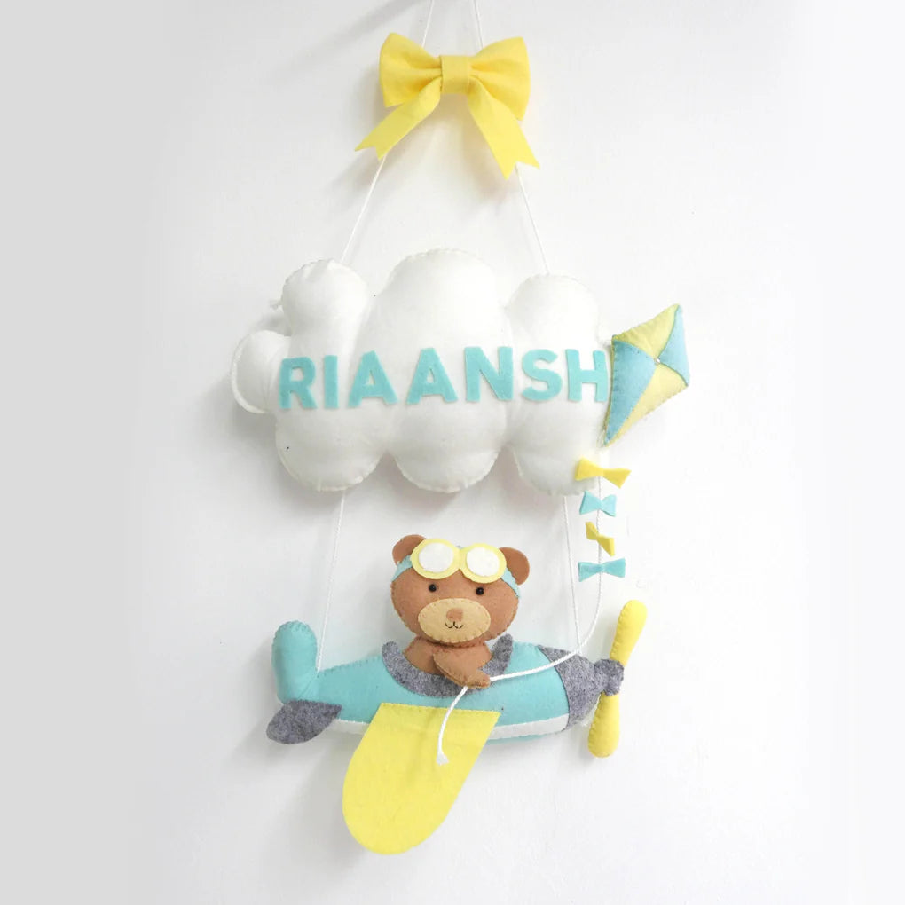 GWD Kids Teddy On An Airplane - Personalised Wall Hanging - Dark Blue