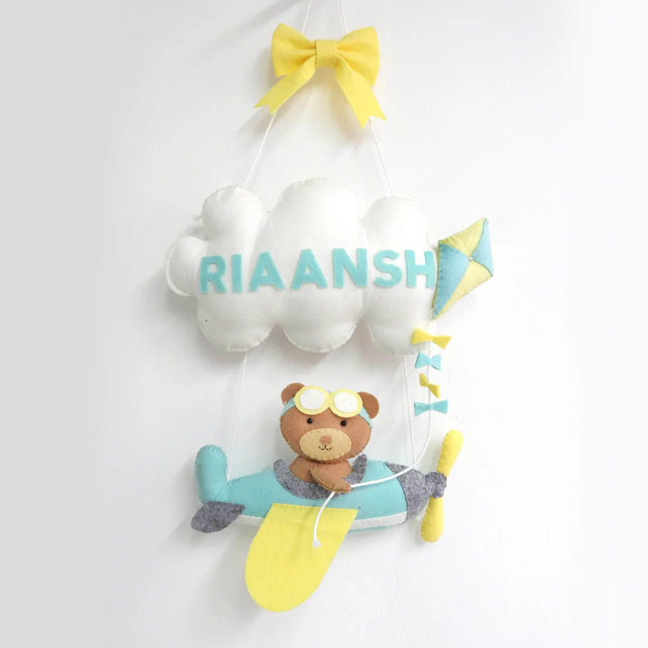 GWD Kids Teddy On An Airplane - Personalised Wall Hanging - Dark Blue