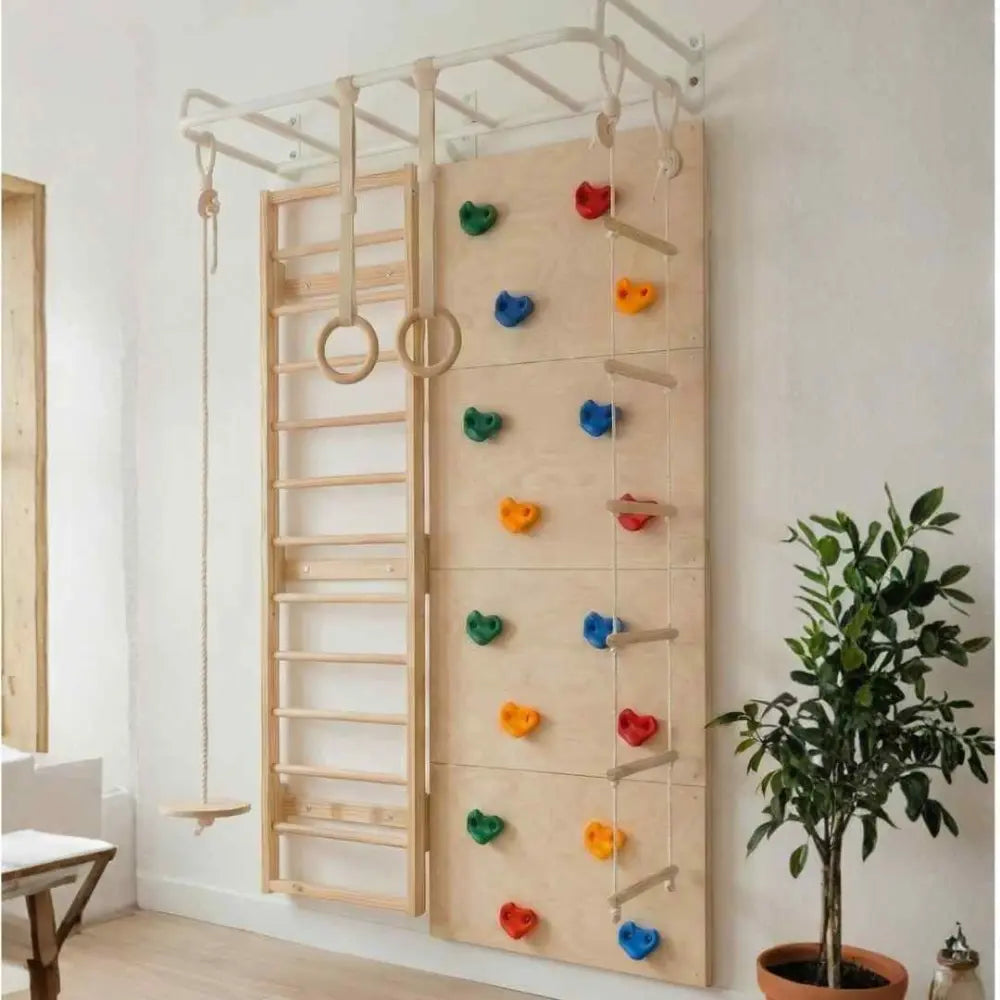 Curious Cub Space Saver Jungle Gym 3 | 6 Components - Wooden Ladder | Rock Climbing | Wobble Ladder | Monkey Bar | Gymnastics Ring | Disk Swing | Ages 4-15 Years