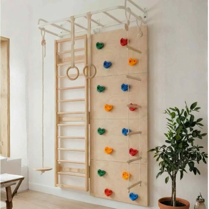 Curious Cub Space Saver Jungle Gym 3 | 6 Components - Wooden Ladder | Rock Climbing | Wobble Ladder | Monkey Bar | Gymnastics Ring | Disk Swing | Ages 4-15 Years