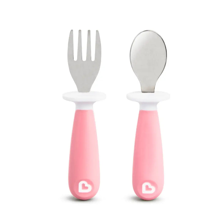 Munchkin Raise  Toddler Fork &amp; Spoon Set – Self-Feeding Utensils with Germ-Free Raised Base, BPA-Free, 12+ Months - Pink