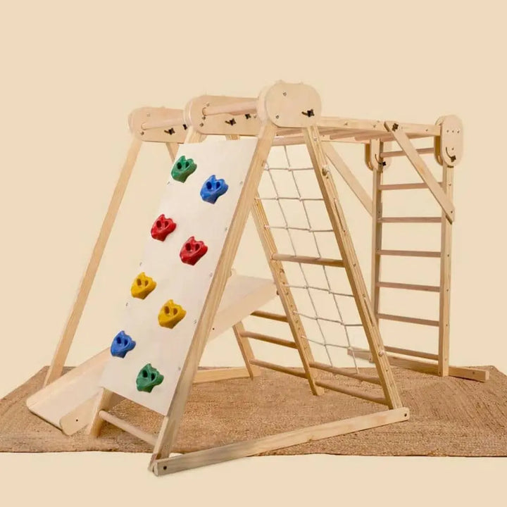 Curious Cub Foldable Indoor Jungle Gym | Montessori Multi-Activity like Slide, Swing, Monkey Bar, Rope Climbing, Rock Climbing, Wooden Ladder | Space-Saving | Ages 2-8 Years