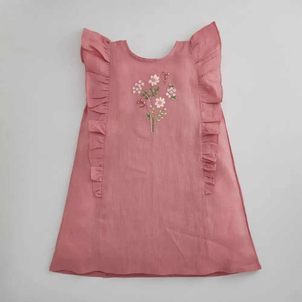 Liz Jacob Shift Linen Dress With Ruffled Sleeves - Whole Lot Of Love -  Peach