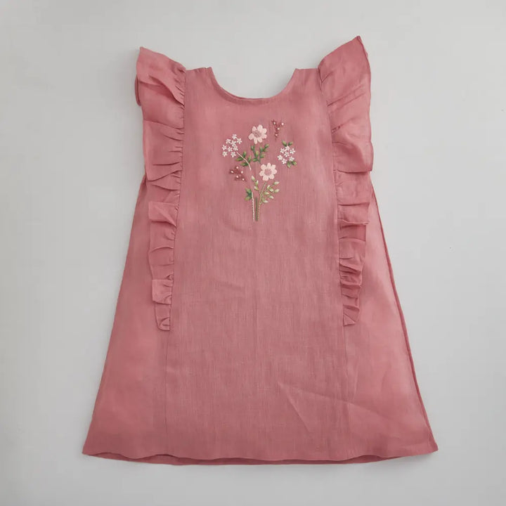 Liz Jacob Shift Linen Dress With Ruffled Sleeves - Whole Lot Of Love -  Peach