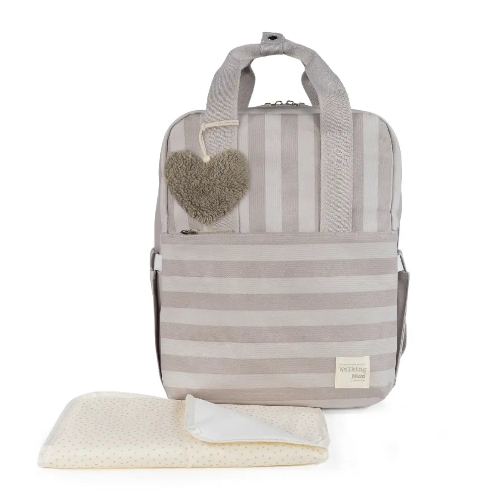 Walking Mum Diaper Backpack with Changing Pad, Large Capacity, Water-Resistant with Multi-Pocket Organizer, Insulated Bottle Pocket, Shoulder &amp; Stroller Straps, Personalized Charm, Striped Print - Beige