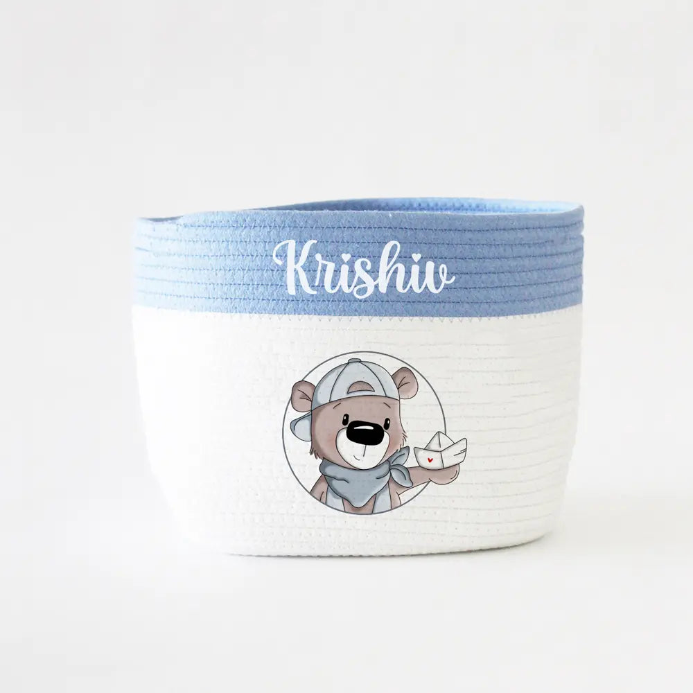 The Tiny Trove Personalized Storage Basket - Small - Teddy Theme - Blue