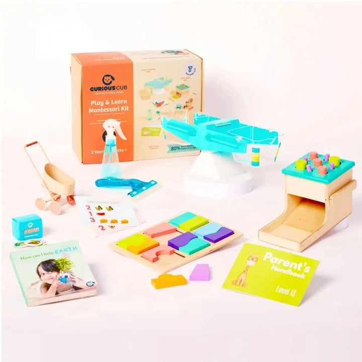 Curious Cub Montessori Box 13 | 7-Piece STEM &amp; Life Skills Toy Set | Balance Scale, Cleaning Set &amp; More | 2.5 Yrs+