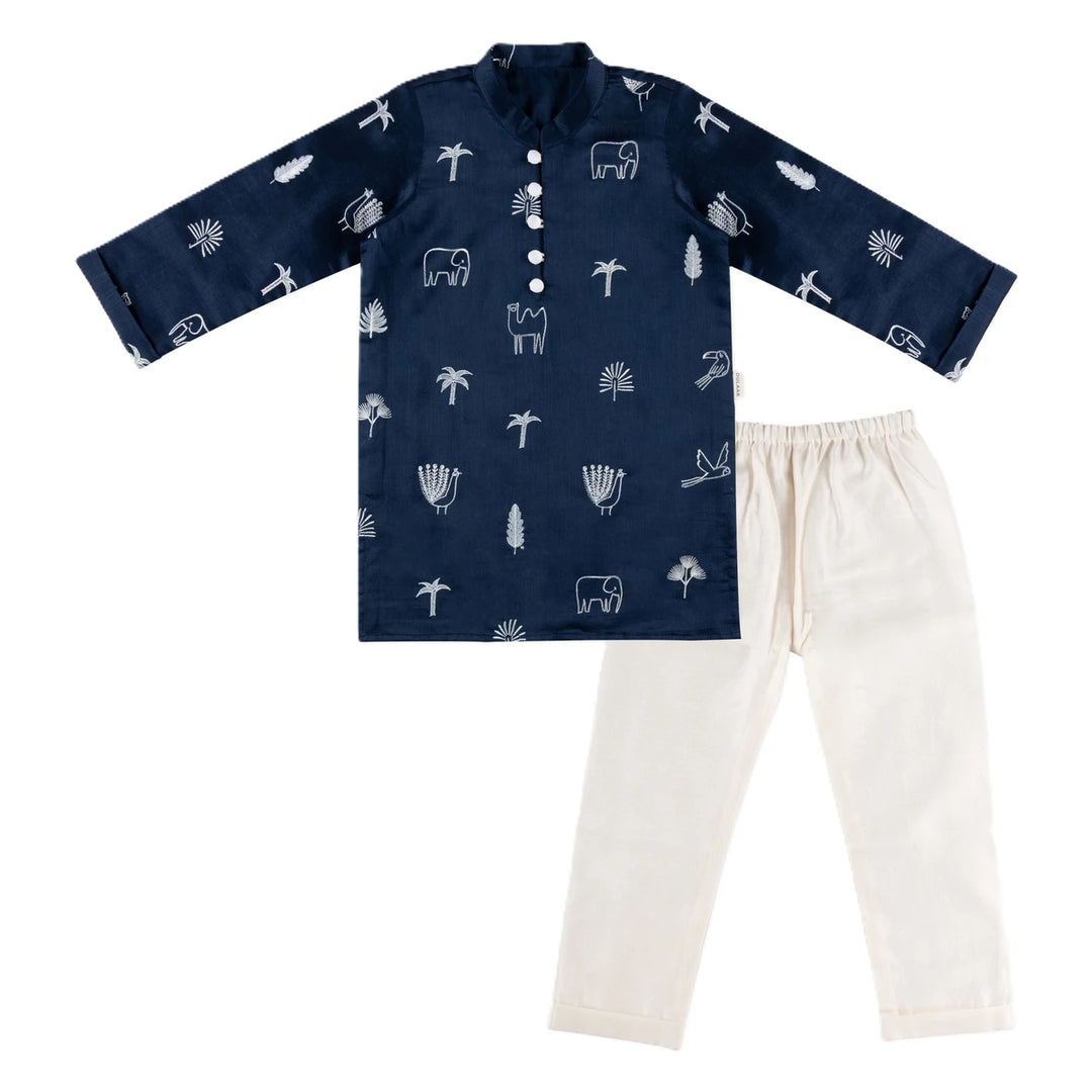 Dulaar Chanderi Kurta Pyjama Set for Boys | Embroidered-Magical Jungle (Royal Blue)