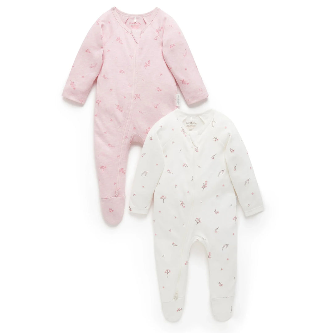 Purebaby Unisex Blossom Pack of 2 Organic Cotton Baby Growsuits - Pink