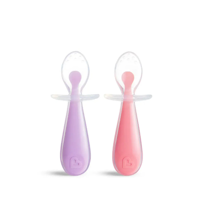 Munchkin Gentle Silicone Training Spoon Set – Anti-Choking Self-Feeding Spoons with Spoon Rest, BPA-Free, 6+ Months - Purple &amp; Pink