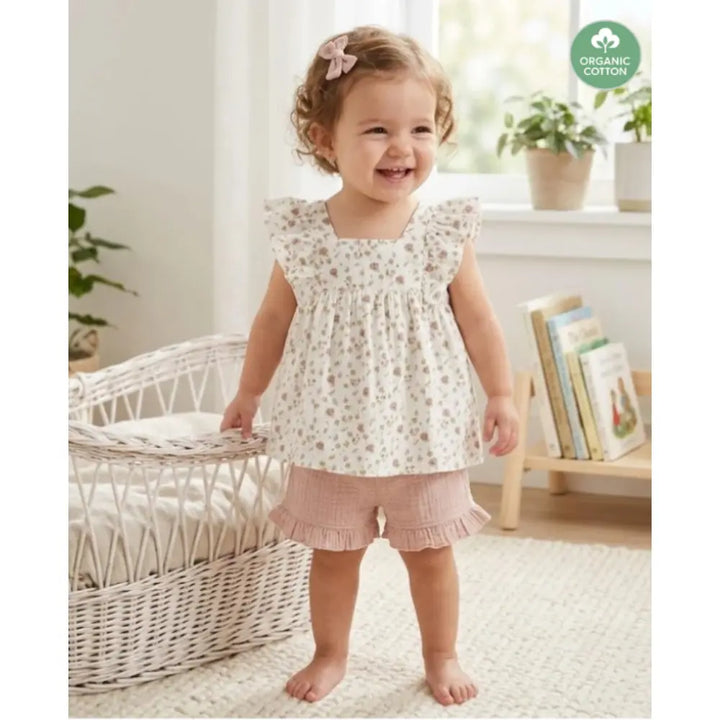 Sweetlime By AS Pumpkin &amp; Floral Print Ruffle Organic Cotton Co-ord Set - Off-White &amp; Peach