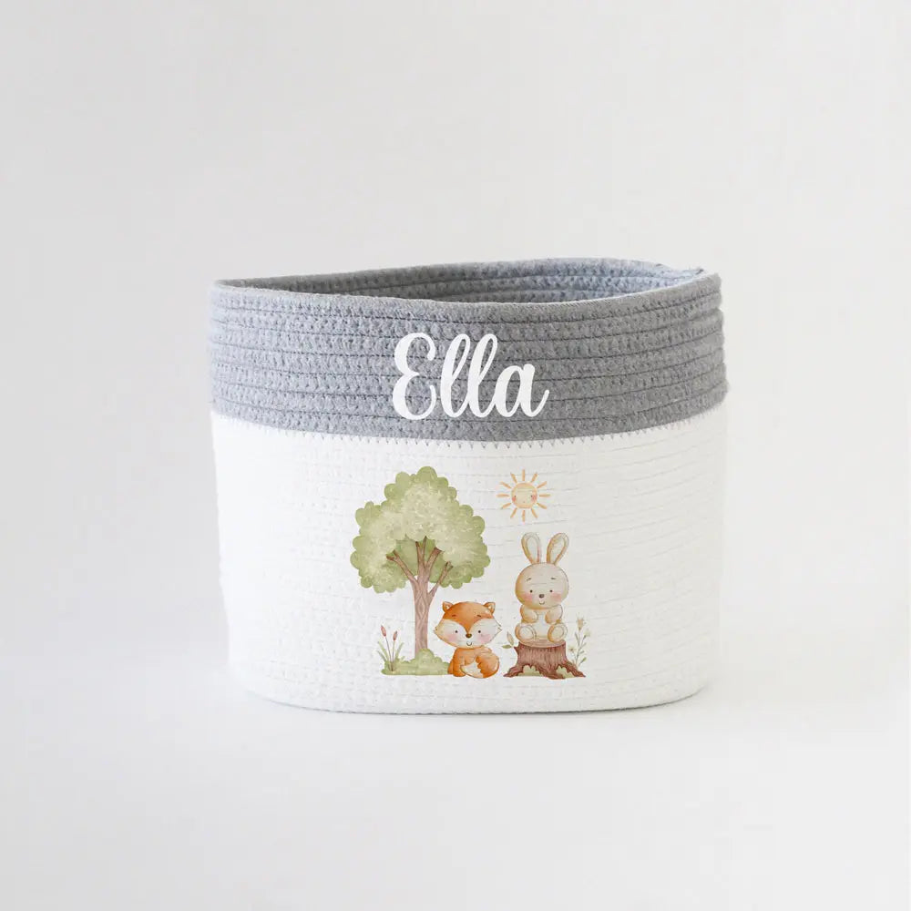 The Tiny Trove Personalized Storage Basket - Small - Woodland Theme - Grey