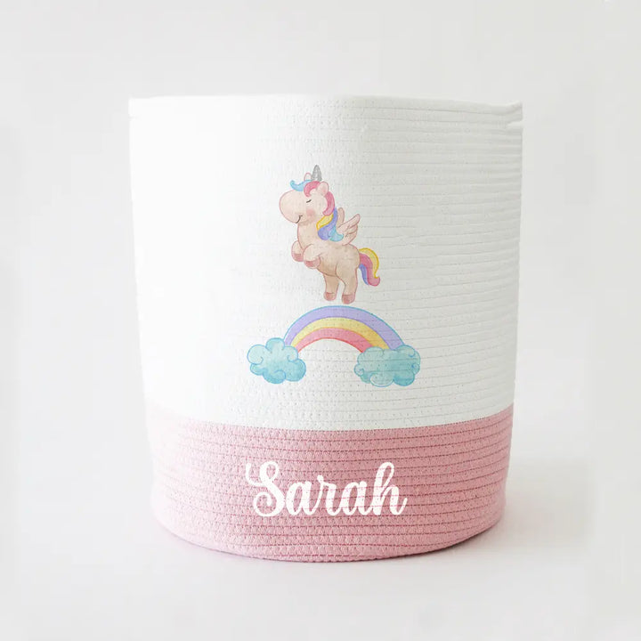 The Tiny Trove Personalized Storage Basket - Large - Unicorn Theme - Pink