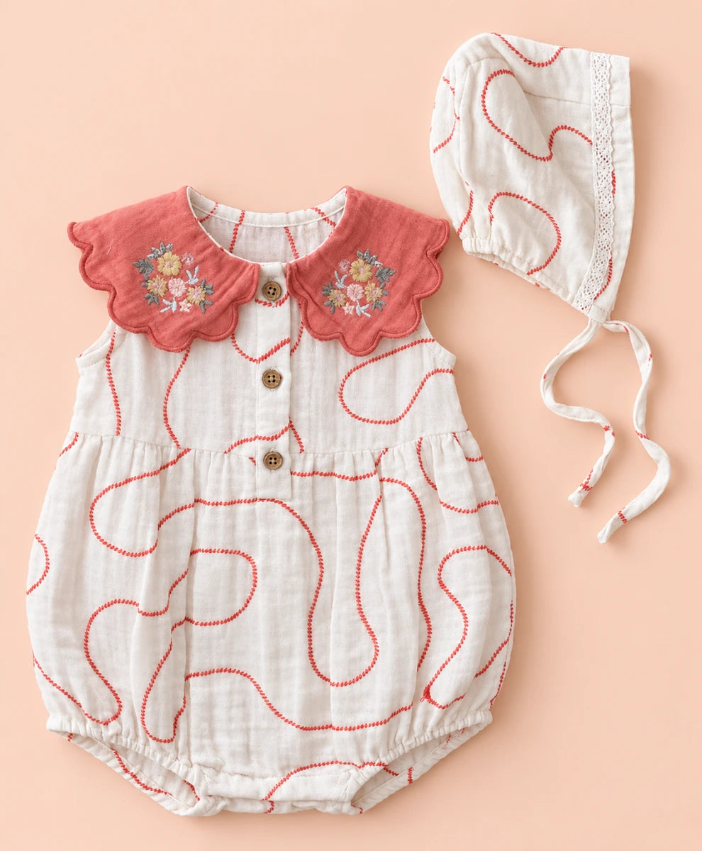 Sweetlime By AS Coral Swirl Muslin Romper &amp; Bonnet Set For Girls