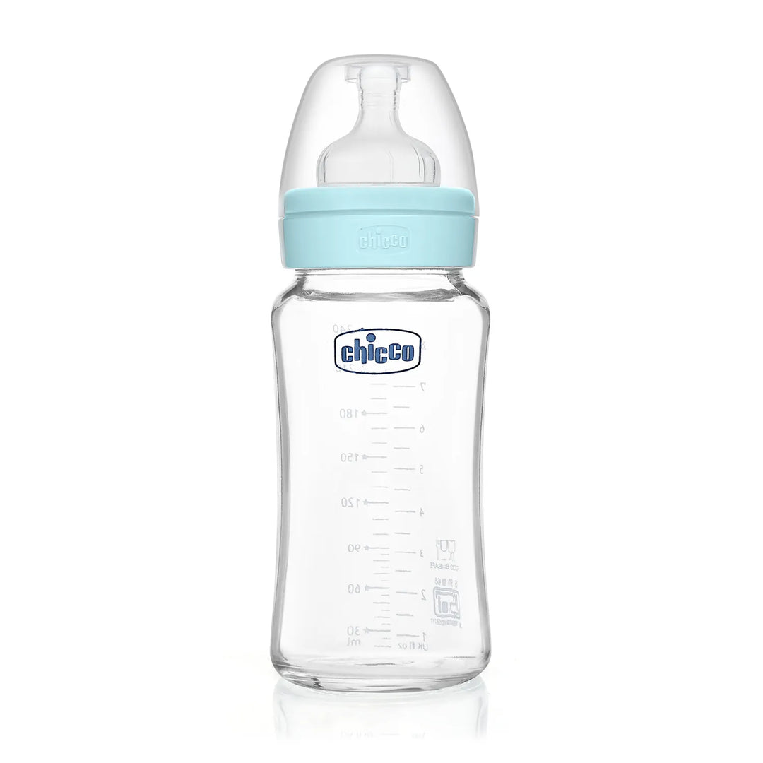 Chicco Well-Being Glass Feeding Bottle (240ml, Medium Flow) - Blue