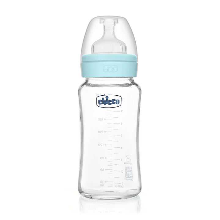 Chicco Well-Being Glass Feeding Bottle (240ml, Medium Flow) - Blue