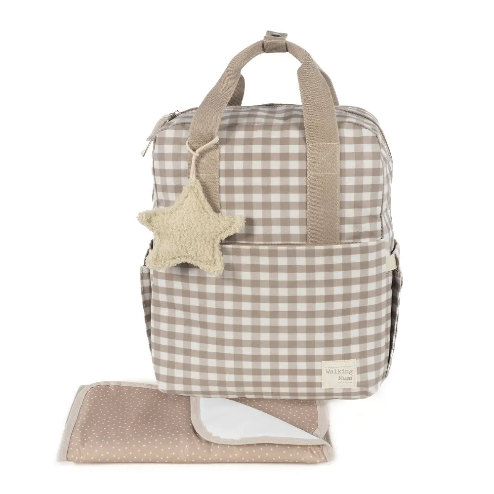 Walking Mum Diaper Backpack with Changing Pad, Large Capacity, Water-Resistant with Multi-Pocket Organizer, Insulated Bottle Pocket, Shoulder &amp; Stroller Straps, Personalized Charm, Checkered Print - Sand