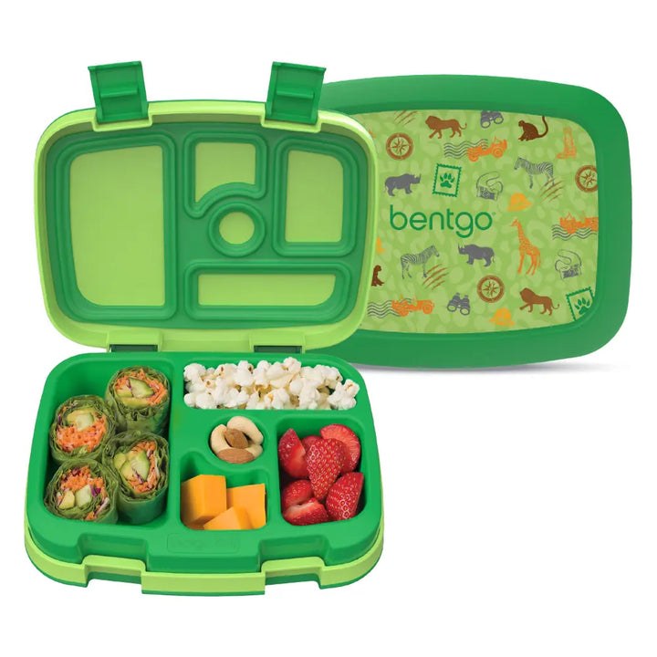 Bentgo Kids Prints with 5 Compartments, Leak-Proof Bento Lunch Box, BPA &amp; PFAS-Free, Microwave &amp; Dishwasher Safe Tray,  3–7 Years - Safari