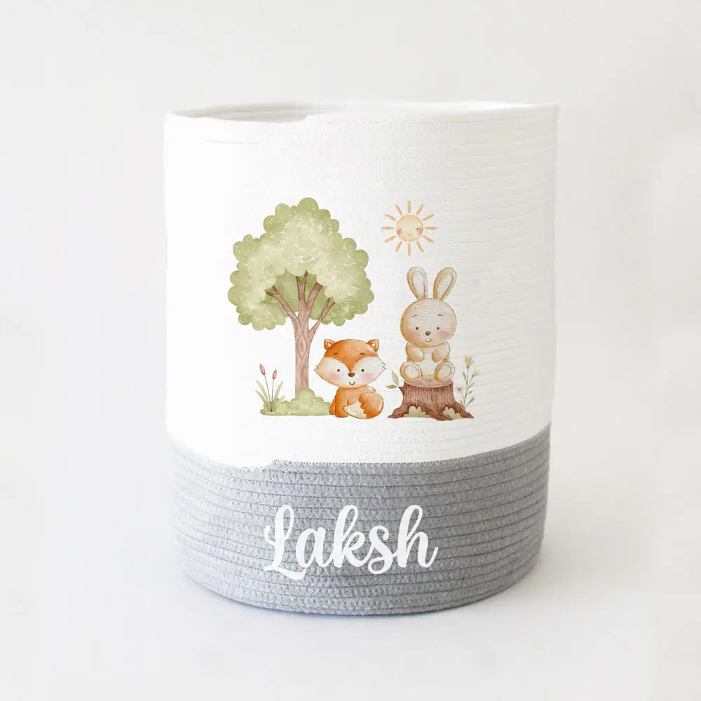 The Tiny Trove Personalized Storage Basket - Large - Woodland Theme - Grey