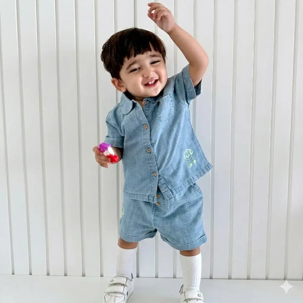 Sweetlime By AS Cotton Denim Shirt &amp; Shorts Co-ord Set - Blue