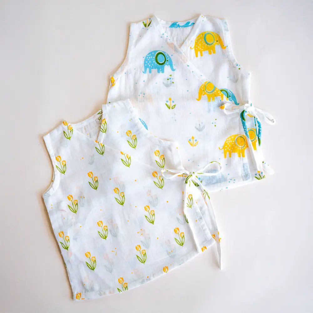 PureCloth.Co Yellow Floral Elephant Muslin Jablas - Off-White