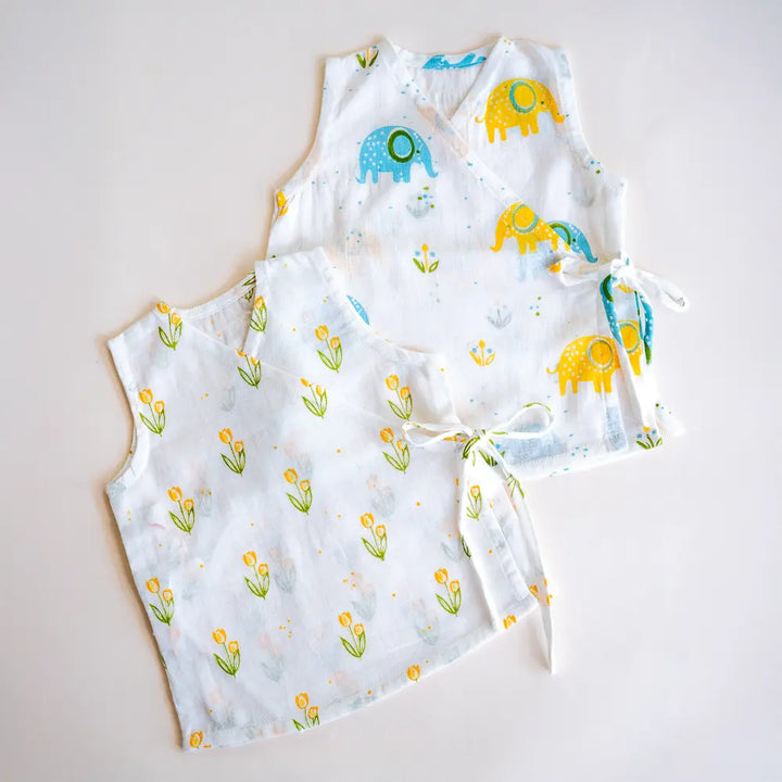 PureCloth.Co Yellow Floral Elephant Muslin Jablas - Off-White