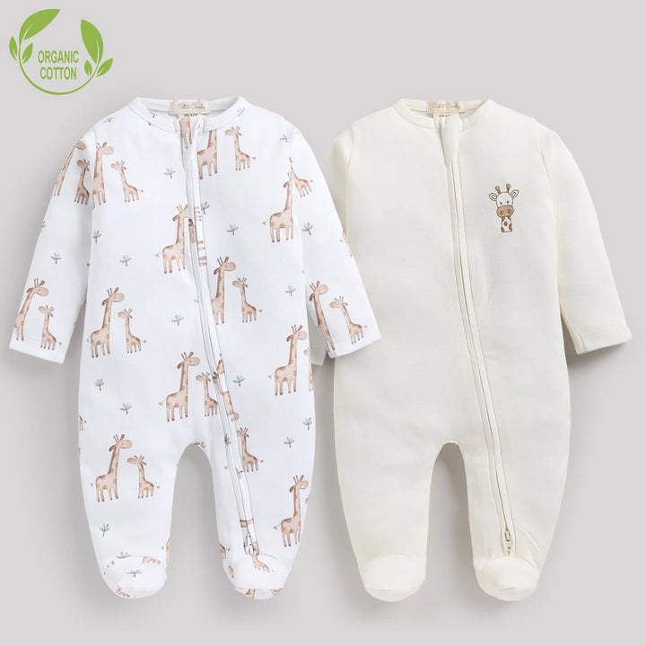 Cot &amp; Candy Baby Organic Footed Zipsuit - Giraffe print + Snow white Chest Embroidery