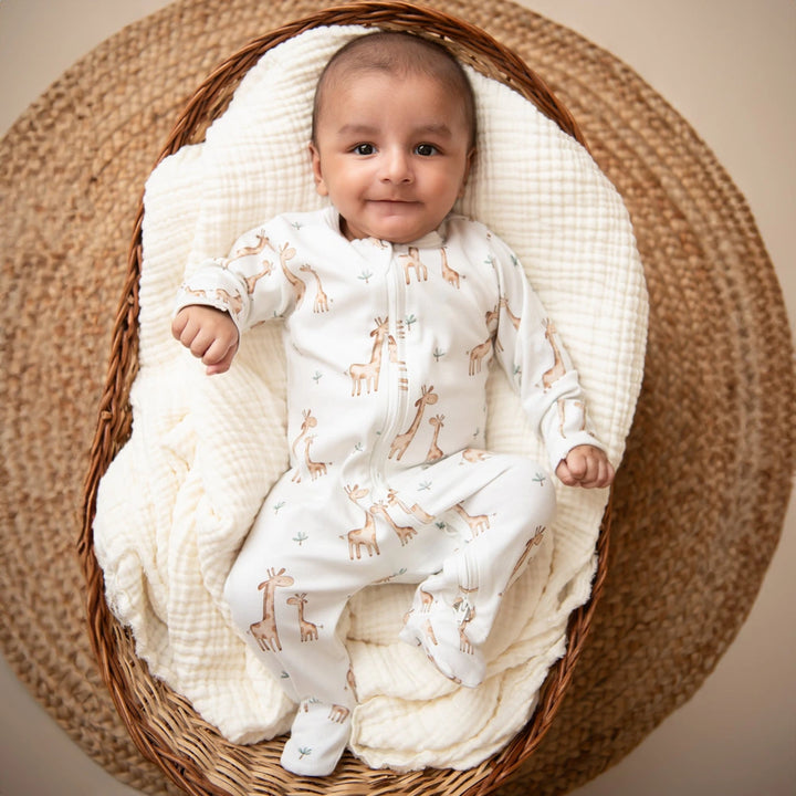 Cot &amp; Candy Baby Organic Footed Zipsuit - Giraffe print + Snow white Chest Embroidery