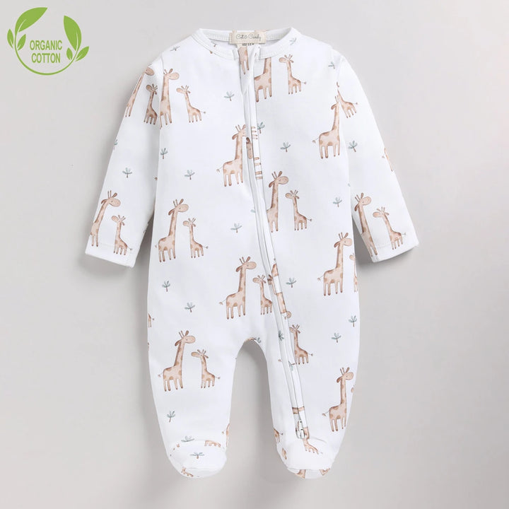 Cot &amp; Candy Baby Organic Footed Zipsuit - Giraffe print + Snow white Chest Embroidery