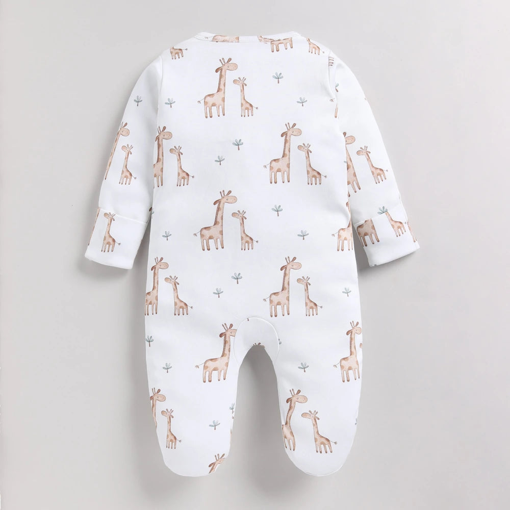 Cot &amp; Candy Baby Organic Footed Zipsuit - Giraffe print + Snow white Chest Embroidery