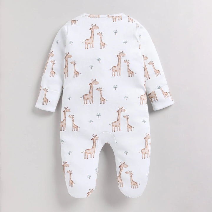 Cot &amp; Candy Baby Organic Footed Zipsuit - Giraffe print + Snow white Chest Embroidery