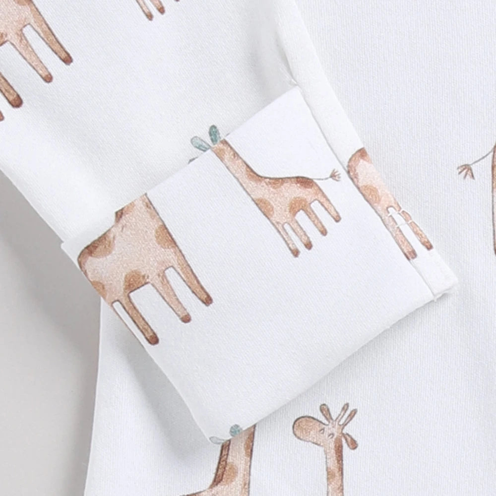 Cot &amp; Candy Baby Organic Footed Zipsuit - Giraffe print + Snow white Chest Embroidery