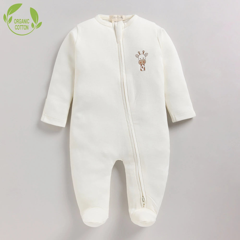 Cot &amp; Candy Baby Organic Footed Zipsuit - Giraffe print + Snow white Chest Embroidery