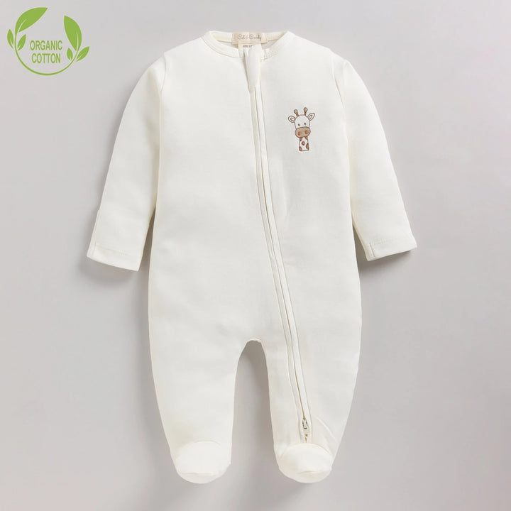 Cot &amp; Candy Baby Organic Footed Zipsuit - Giraffe print + Snow white Chest Embroidery