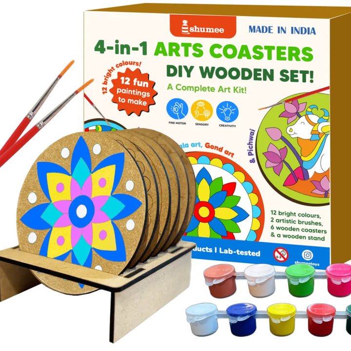 Shumee Craft DIY Coaster Painting Art Kit Featuring Mandala Madhubani Gond &amp; Pichwai Art Forms