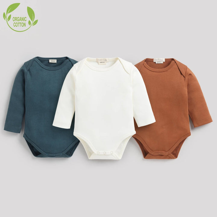 Cot &amp; Candy Baby Organic Full Sleeve Envelope Bodysuit Pack Of 3 - Star Gazer + Bombay Brown + Snow White