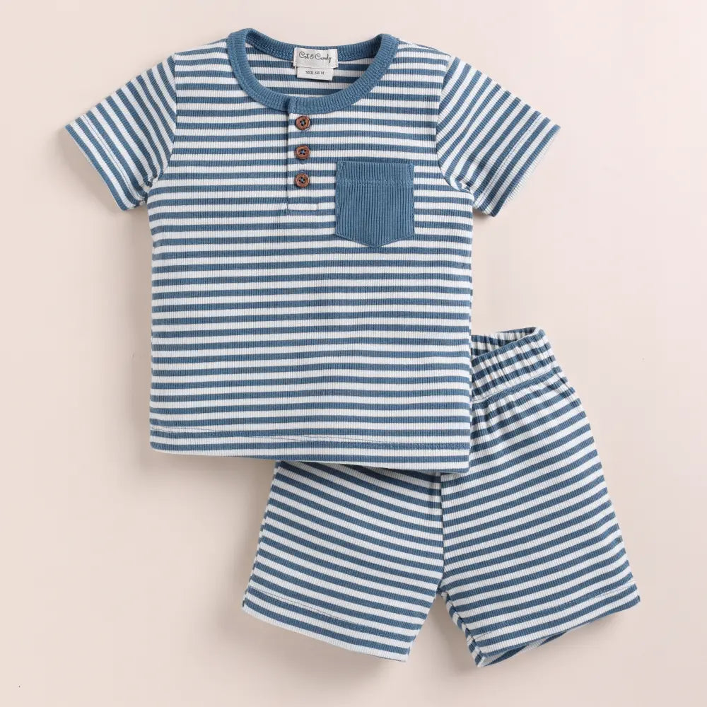 Cot &amp; Candy Baby Organic Short Sleeve T-shirt with Shorts - Teal Stripe
