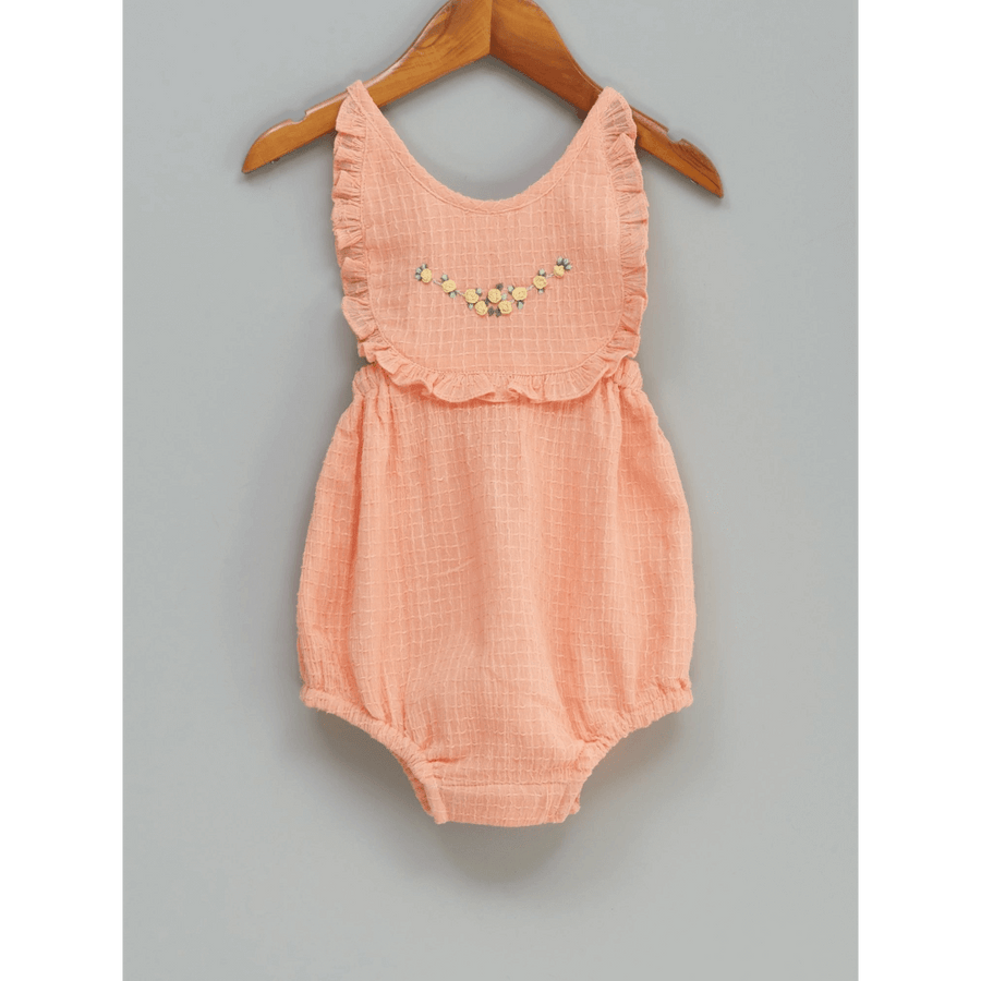 Liz Jacob Peach and Cream Handwoven Cotton Romper – Hand Embroidered