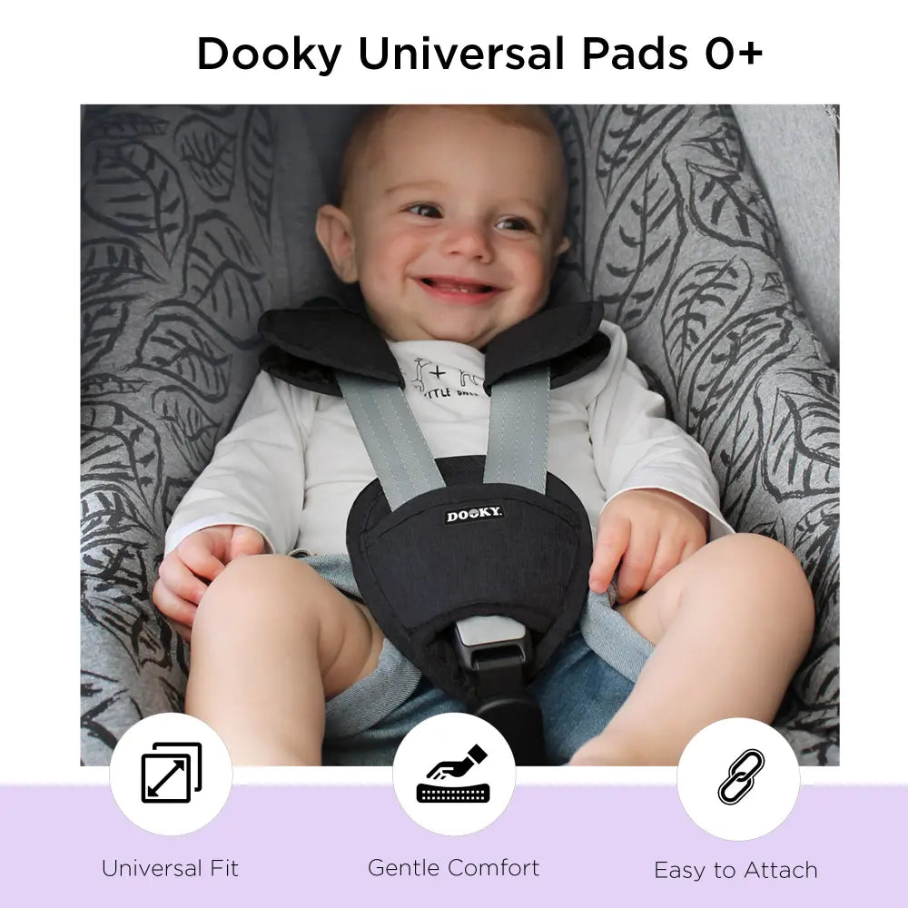 Dooky Baby Universal Car Seat Belt Pads 0+ | Soft Washable Cotton – Black