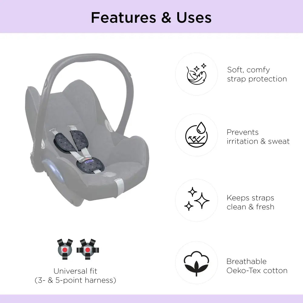 Dooky Baby Universal Car Seat Belt Pads 0+ | Soft Washable Cotton – Black